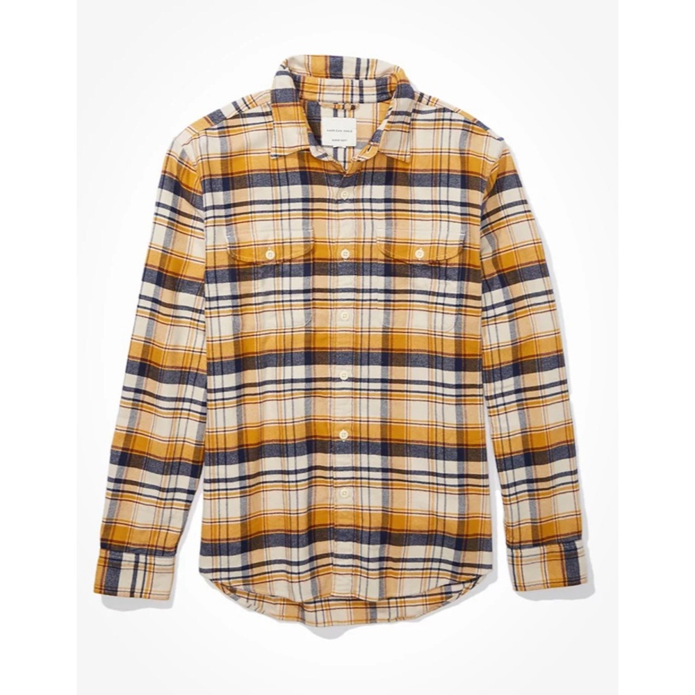 American Eagle Outfitters Mustard and Navy Plaid Shirt